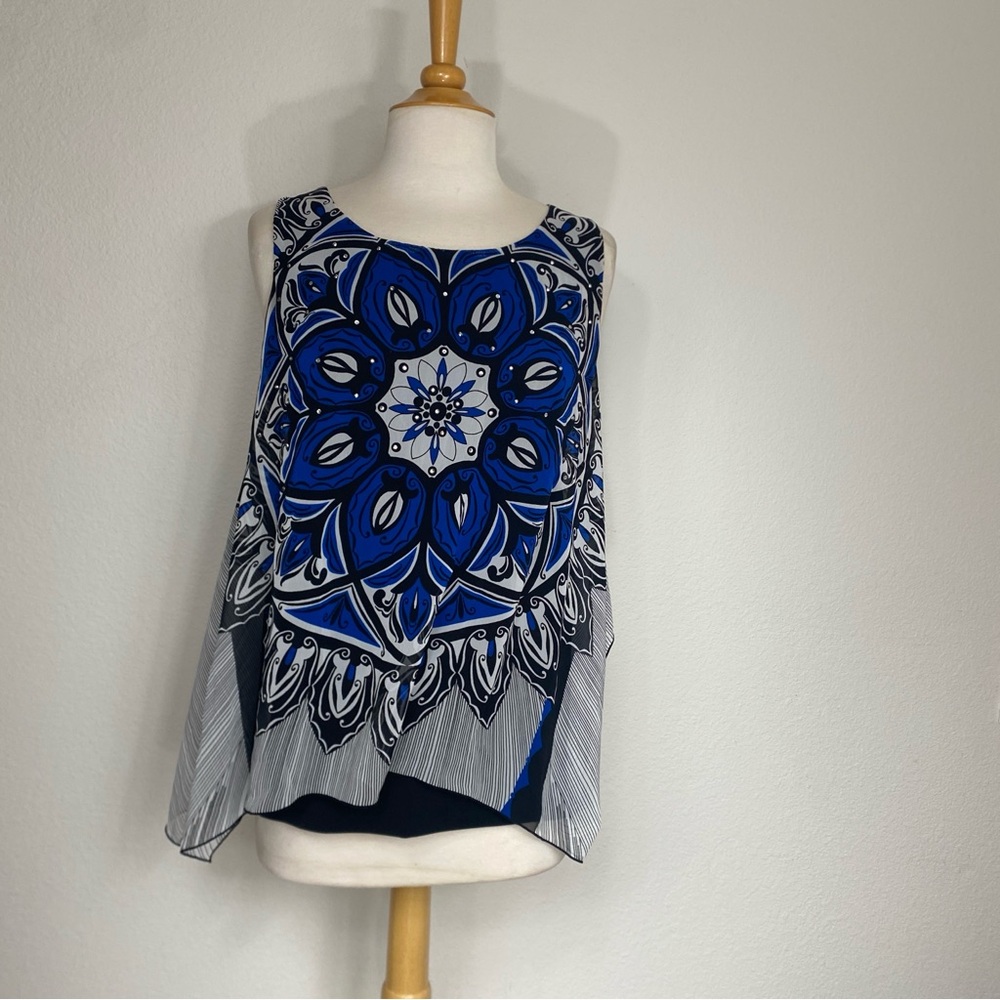 Alfani Women's Black Blue Boho Print Sleeveless Asymmetrical Hem Blouse Size M